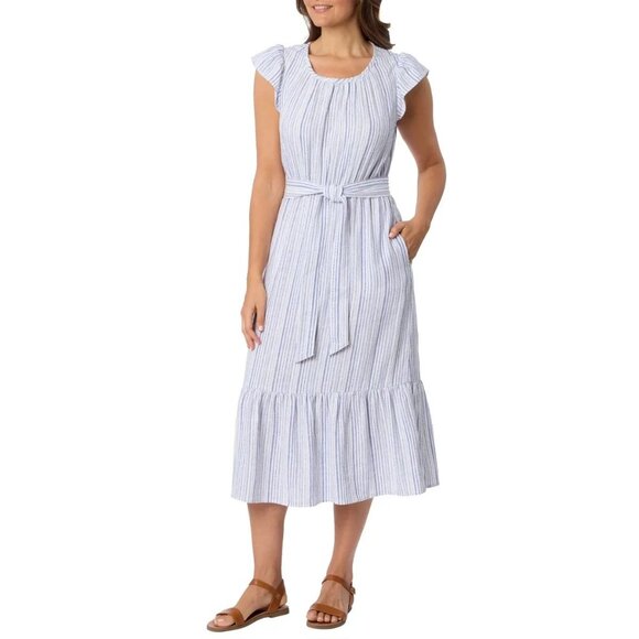 Briggs Dresses & Skirts - NEW Briggs Women's S Blue White Striped Linen Rayon Midi Flutr SunDress